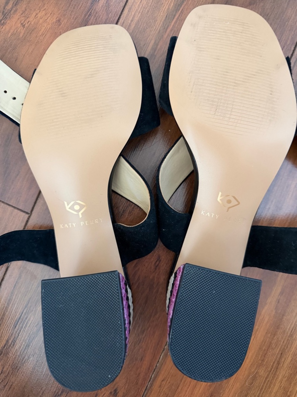Katy Perry Collections Black Strap Wedge Sandals with Pink Chevron Heel 7.5 - Picture 4 of 5